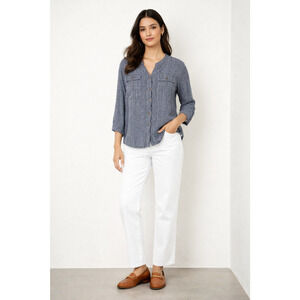 L.L. Bean Long Sleeve Organic Cotton Blouse size M Navy V Neck